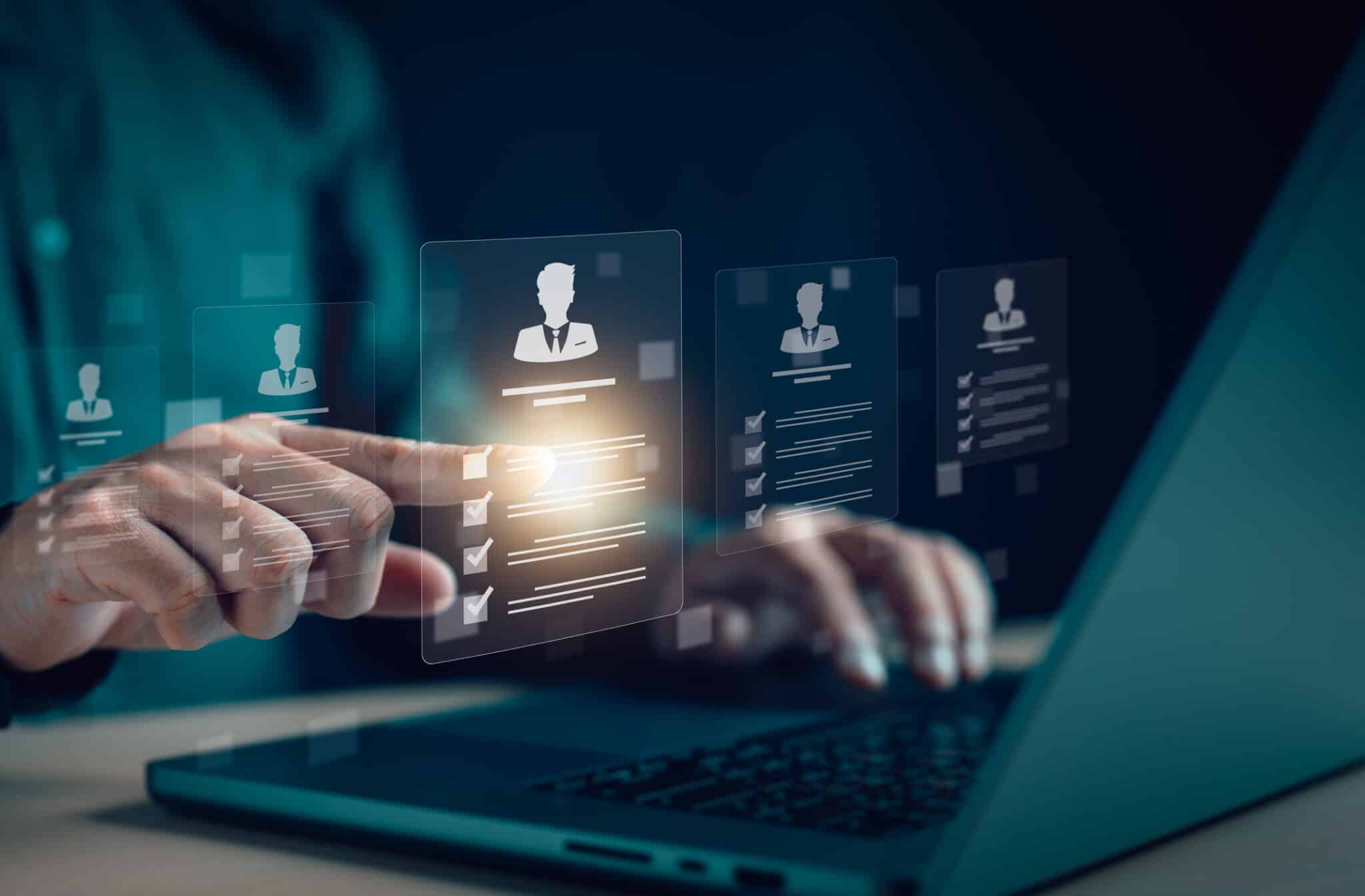 Human resources management concept. Headhunters recruit employees by candidate resumes on virtual screen. Screening employee information, job applicants, staff icons for HR recruitment leadership.